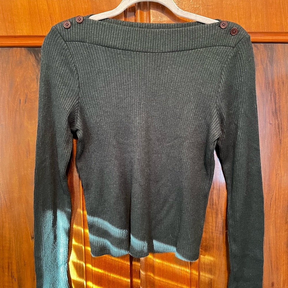 Madewell Dark Green Ribbed Boatneck Sweater with Shoulder Buttons